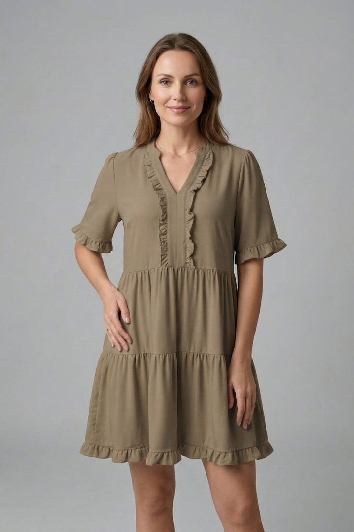Women’s V Neck Mini Dress with Ruffle Detail and Tiered Skirt 7