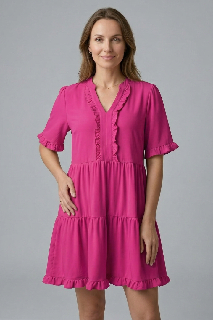 Women’s V Neck Mini Dress with Ruffle Detail and Tiered Skirt 8