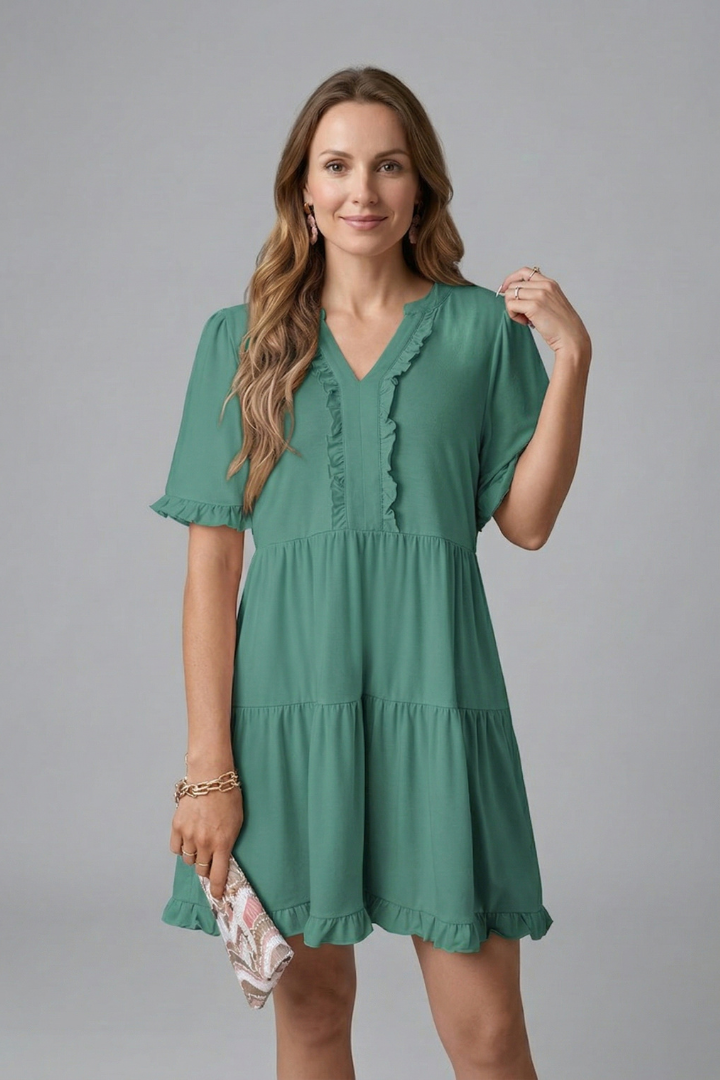 Women’s V Neck Mini Dress with Ruffle Detail and Tiered Skirt 9