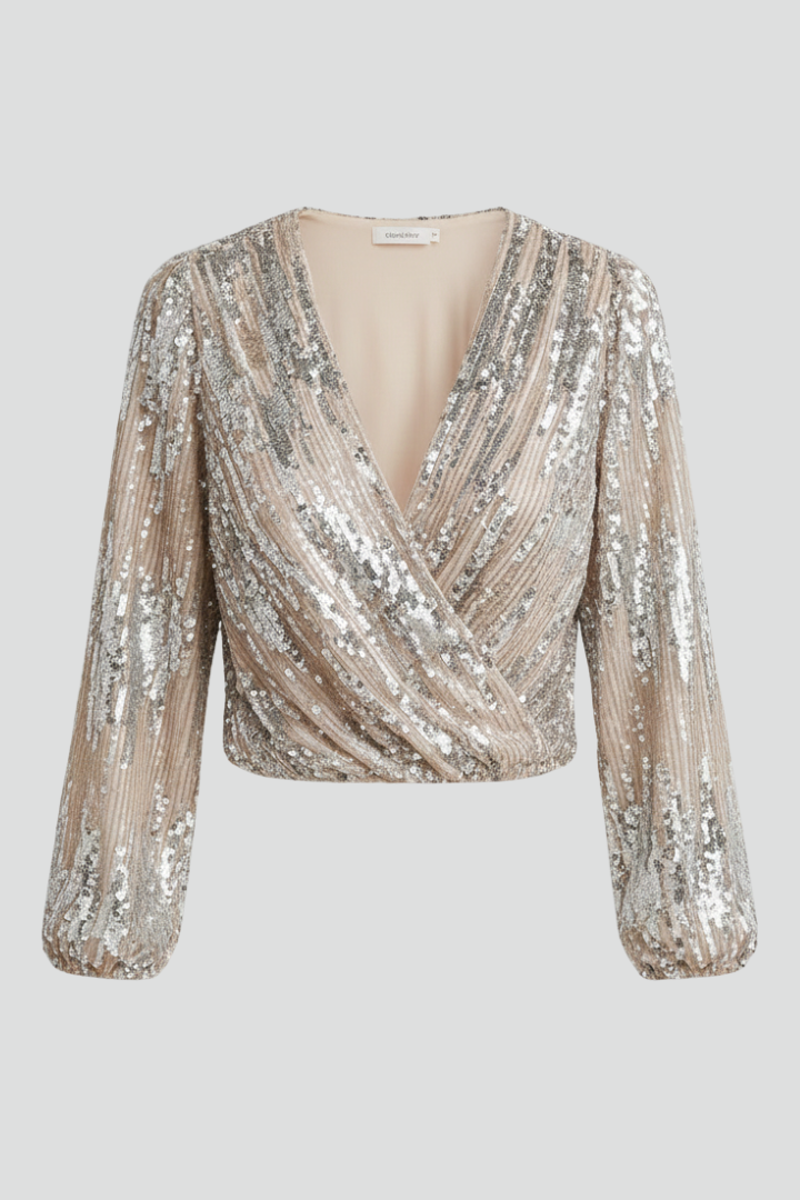 Women’s V Neck Sequin Blouse Long Sleeve Wrap Top for Evening 1