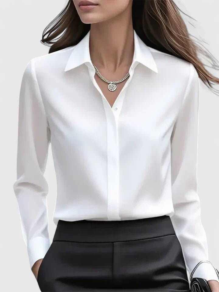 Women's White Blouse - Elegant Satin Button-Down Shirt for Office & Professional Wear 1