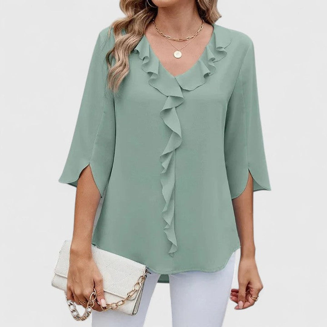 Women's White Blouse with Ruffle Detail, V-Neck 3/4 Sleeve Flared Fit for Elegant Occasions 0