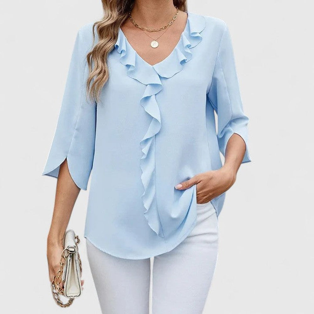 Women's White Blouse with Ruffle Detail, V-Neck 3/4 Sleeve Flared Fit for Elegant Occasions 1
