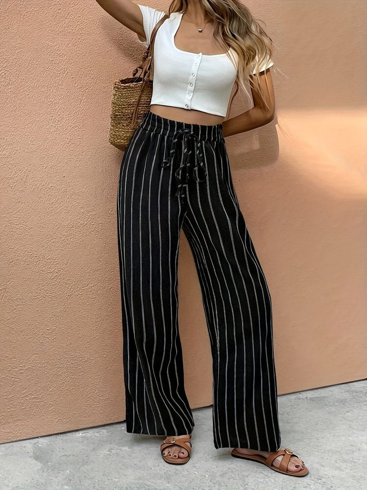 Women's Wide Leg Pants with Elastic Drawstring Waistband - Stylish Striped Summer Trousers 2