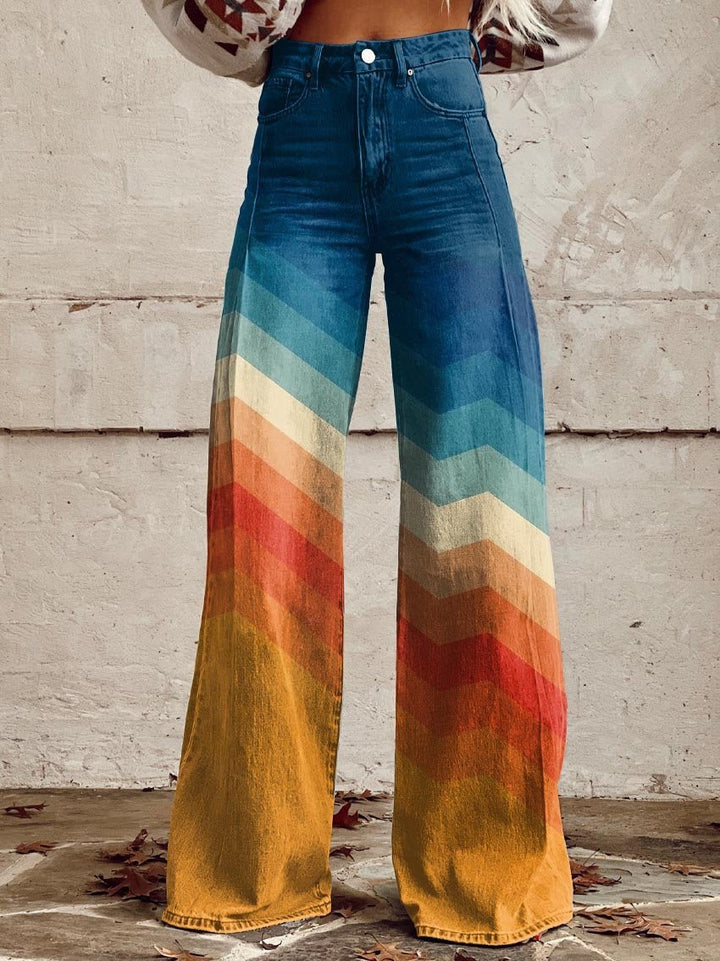 Women's Wide Leg Trousers - High-Rise Palazzo Pants with Chevron Gradient Print for Summer Style 0