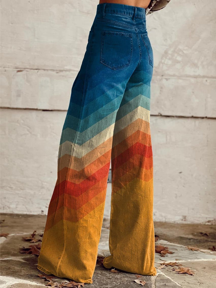 Women's Wide Leg Trousers - High-Rise Palazzo Pants with Chevron Gradient Print for Summer Style 1