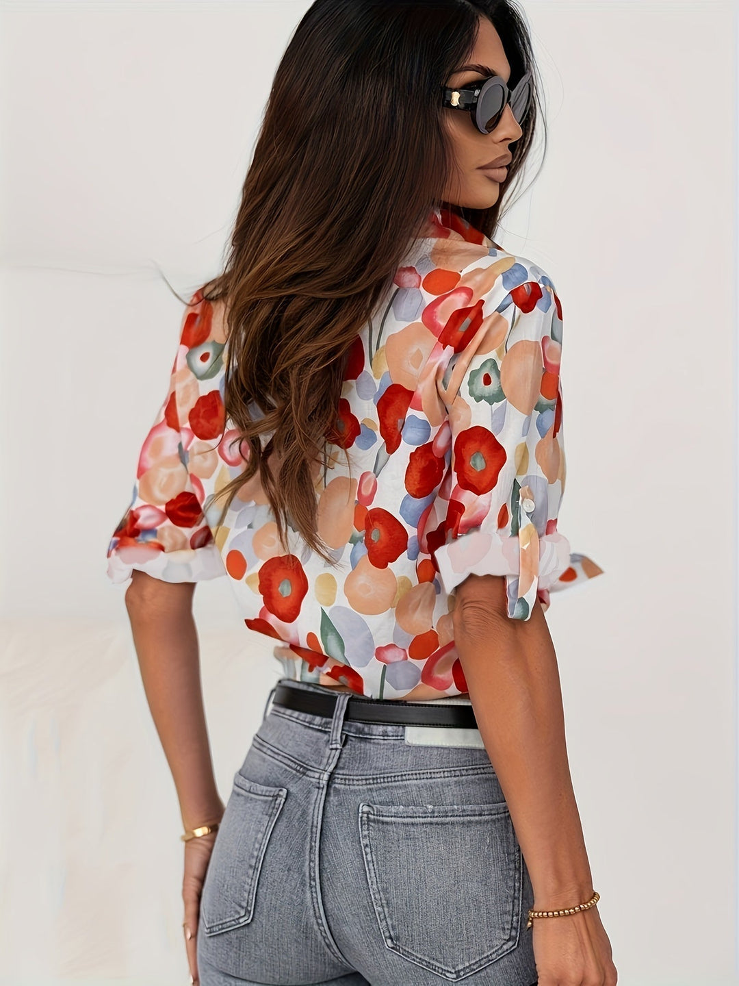 Womens Blouse - Elegant Red Floral Boho Chic Top for Spring Casual or Formal Wear 2