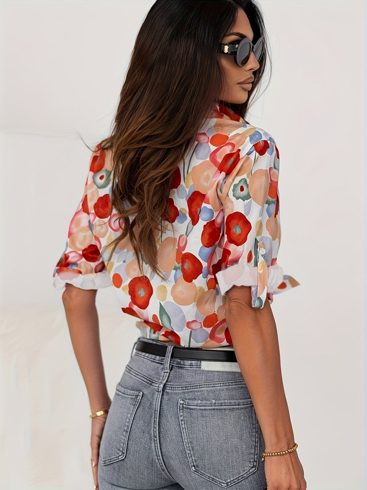 Womens Blouse - Elegant Red Floral Boho Chic Top for Spring Casual or Formal Wear 2