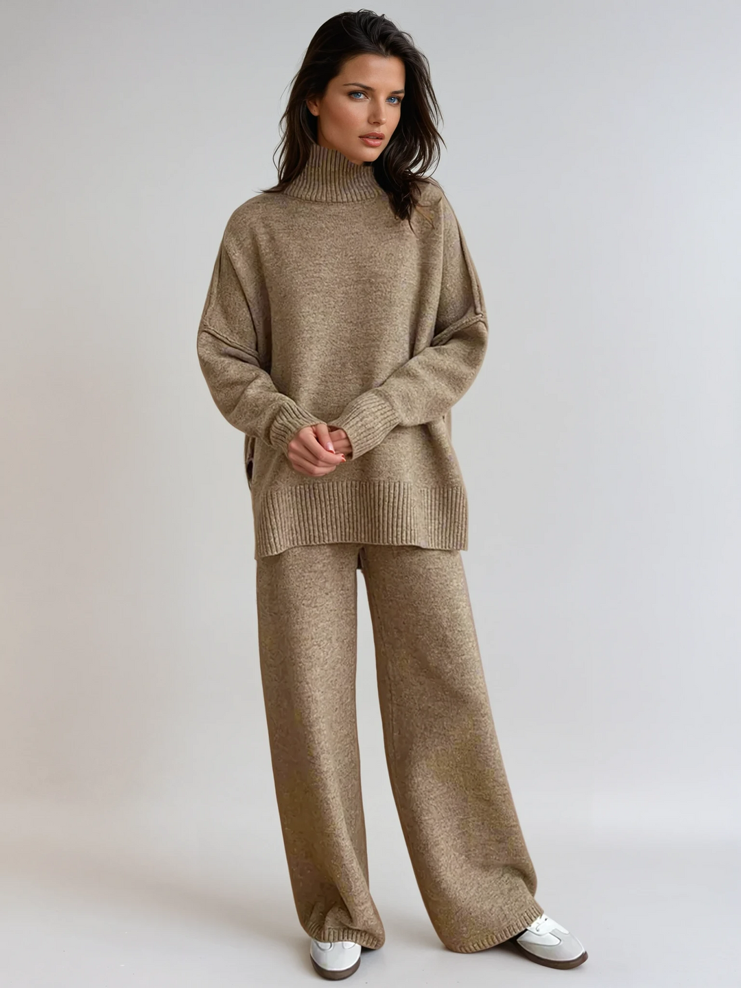 Womens Lounge Set - Cozy Knit Turtleneck & Wide-Leg Pants Loungewear for Casual Comfort 0