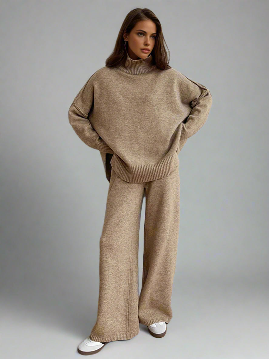 Womens Lounge Set - Cozy Knit Turtleneck & Wide-Leg Pants Loungewear for Casual Comfort 2