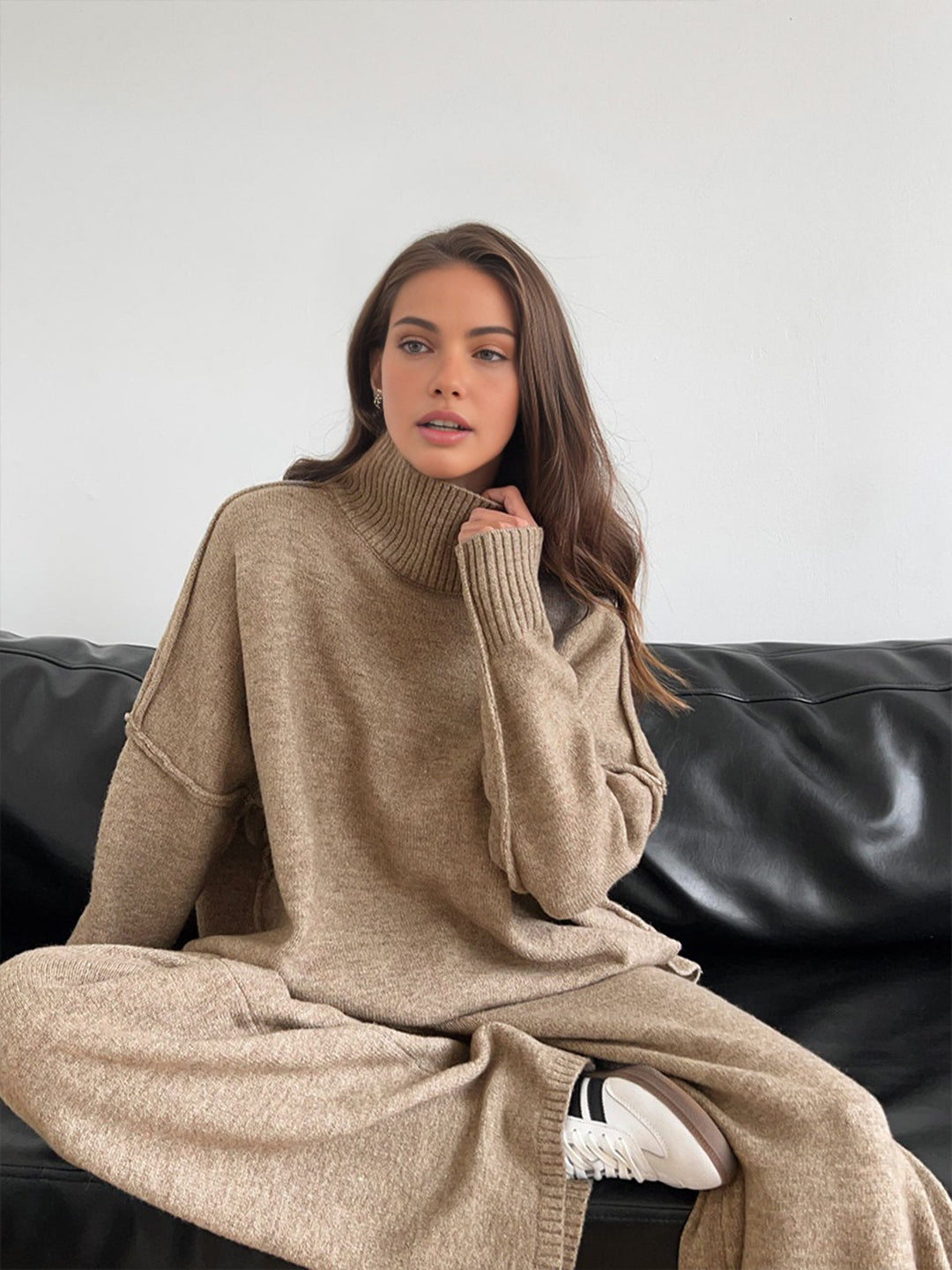 Womens Lounge Set - Cozy Knit Turtleneck & Wide-Leg Pants Loungewear for Casual Comfort 4