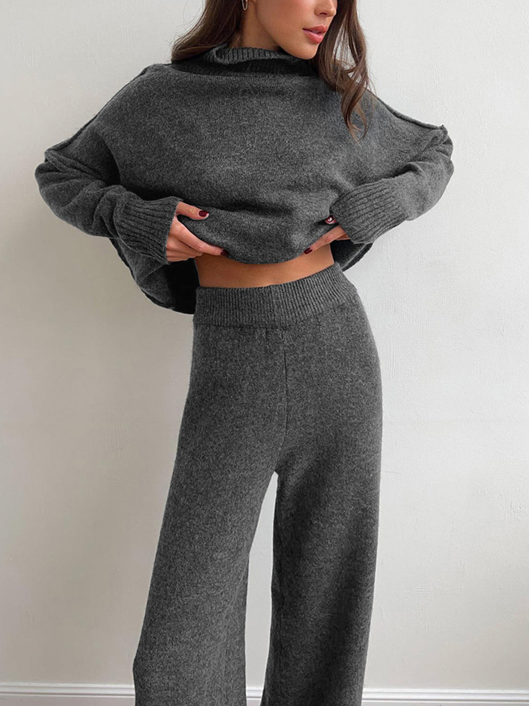 Womens Lounge Set - Cozy Knit Turtleneck & Wide-Leg Pants Loungewear for Casual Comfort 6