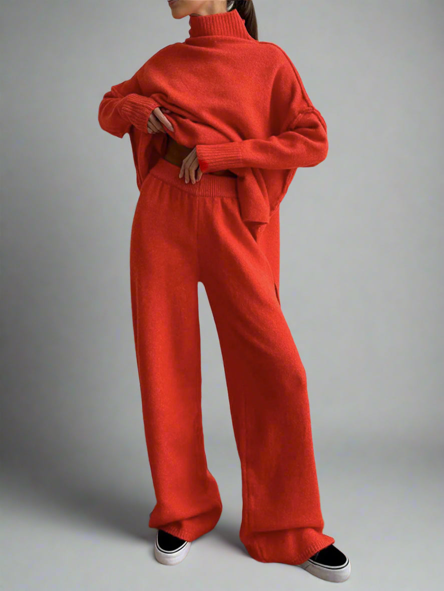 Womens Lounge Set - Cozy Knit Turtleneck & Wide-Leg Pants Loungewear for Casual Comfort 8