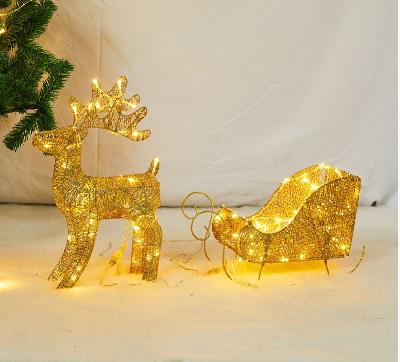 Podświetlana świąteczna dekoracja w kształcie renifera z saniami do użytku wewnątrz i na zewnątrz, metalowy brokat